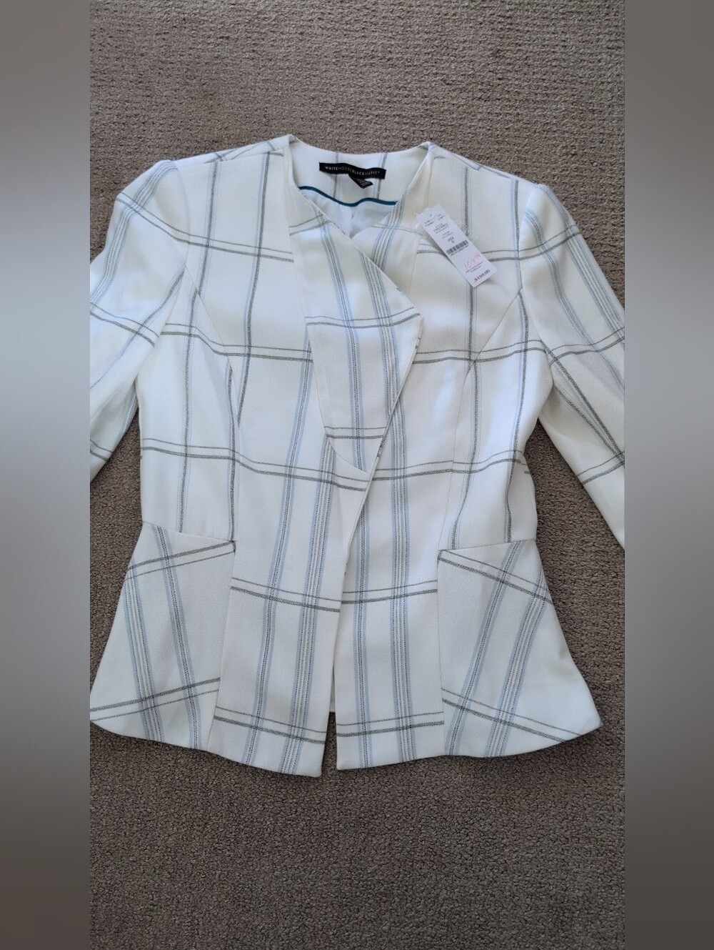 White House Black Market Dropped Front Windowpane Plaid White/ Grey Jacket - Picture 3 of 10